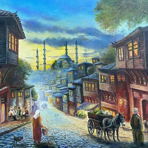 Dipinto a olio su tela di Istanbul vintage anni 1900, dipinto di scena di strada dell&#39;era ottomana, paesaggio urbano turco con moschea, decorazione murale rustica storica