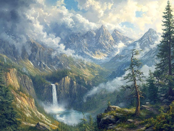 Pintura de paisaje suizo de montaña alpina nevada, obra de arte