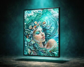 Sea Goddess Wall Art – Enchanted Ocean Spirit Canvas, Ethereal Water Element Fantasy Print, Boho Coastal Decor for Mystical Home Spaces