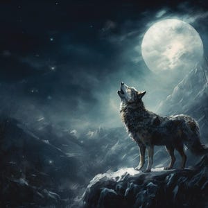 Howling Wolf Under Full Moon Canvas, Mystical Forest Wall Art, Lone Wolf Winter Night Wildlife Print, Rustic Cabin or Nature Decor