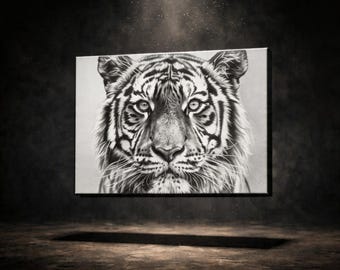 Puede incluir: Impresión artística en lienzo en blanco y negro de la cara de un tigre. El pelaje del tigre está detallado con rayas negras y pelaje blanco. Los ojos del tigre están enfocados e intensos. La obra de arte se muestra sobre un fondo oscuro.