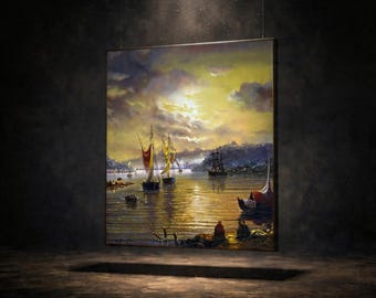 Vintage oljemålning i Istanbul, Bosporen, nautisk scen från den ottomanska eran, segelbåt i hamnen, väggkonst med utsikt över turkisk moské