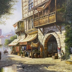 Pintura al óleo de un mercado otomano, escena callejera de un bazar turco orientalista, arte de la muralla de la ciudad antigua, decoración histórica de Oriente Medio