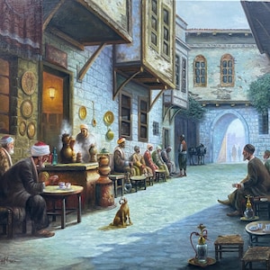 Pintura de escena callejera de Estambul de la época otomana vintage, pintura antigua de cafetería turca con cachimba, decoración de pared oriental de Oriente Medio para el hogar y la oficina