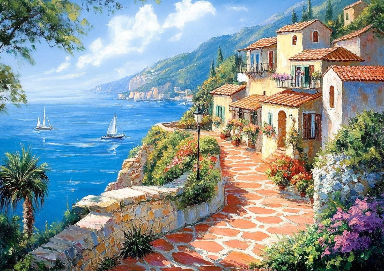 Mediterranean Coastal Landscape Painting, Vibrant Italian Riviera ...