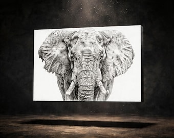 May include: Black and white canvas art print of an elephant. The elephant is centered, showcasing its detailed features, including large ears, tusks, and textured skin. The artwork is set against a dark background, creating a dramatic contrast.