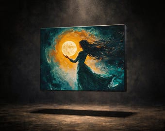 Celestial Moon Goddess Painting, Mystical Woman Holding Full Moon Wall Art, Lunar Divine Feminine Spiritual Canvas Artwork