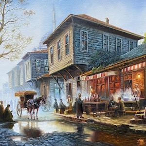 Pintura callejera vintage de Estambul, escena de personas otomanas en un bazar de restaurante, arte mural cultural histórico para la sala de estar de la oficina en casa