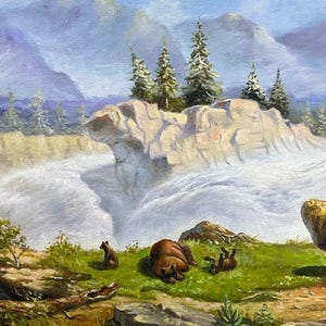 Pintura a óleo de paisagem natural, cachoeira de floresta com ursos, tela original feita à mão, decoração de parede, presente para sala de estar, cabana rústica, chalé