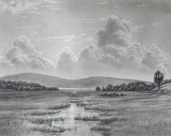 Pencil Drawing of Serene Countryside Landscape, Original Sketch for Rustic Wall Art, Black and White Artwork with Rolling Hills, Cloud Tree