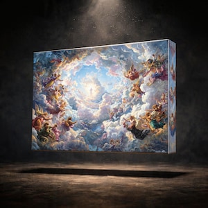 May include: A rectangular art piece depicting a heavenly scene with angels, clouds, and a bright blue sky. The artwork features a vibrant color palette with hues of gold, pink, and blue. The piece appears to be floating against a dark background.