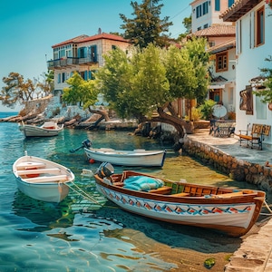 Stampa artistica da parete con motivo costiero turco, dipinto su tela di un villaggio mediterraneo, tranquillo paesaggio marino estivo, opera d'arte con ulivo per l'arredamento della casa