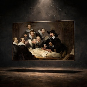 May include: A framed painting depicting a group of men observing a dissection. The central figure, in a black hat, appears to be demonstrating. The painting has a dark, aged aesthetic, with a focus on the figures and the subject matter.