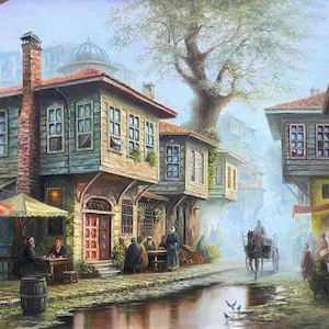 Vintage Ottoman Era Istanbul Painting, Oriental Café Bazaar Market Artwork, Historical Middle East Street Scene, Antique Style Wall Decor