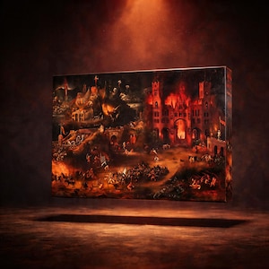 May include: A rectangular artwork depicting a chaotic battle scene with a burning castle at the center. The painting features a dark color palette with fiery reds and oranges, and numerous figures engaged in conflict. The artwork is displayed against a dark background.