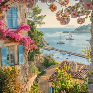 Quadro su tela della Costa Azzurra, stampa murale costiera mediterranea, stampa di un villaggio in pietra bianca, dipinto di mare turchese per un arredamento di lusso.