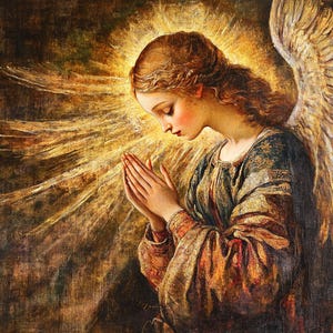 Op de afbeelding: Schilderij van een engel met gouden vleugels en een aureool. De engel heeft een lichte huid, bruin haar en draagt een jurk met lange mouwen. De handen van de engel zijn gevouwen in gebed, tegen een achtergrond van donkere en gouden tinten.