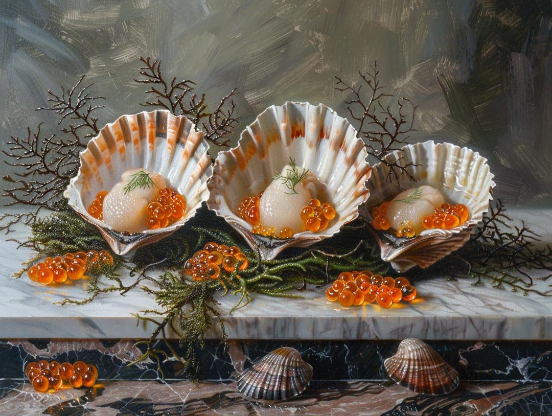 Gourmet Scallop Roe Wall Art, Hyperrealistic Seafood Oil Painting, Fine ...