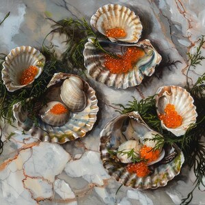 Scallop Shell Print, Coastal Seafood Kitchen Wall Art, Caviar Still Life Canvas Artwork for Gourmet Home Decor, Original Artwork