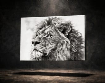 May include: Black and white canvas print of a lion's head. The artwork features detailed shading and texture, capturing the lion's mane and facial features. The lion is depicted in profile, gazing towards the left, with a focus on its eye.