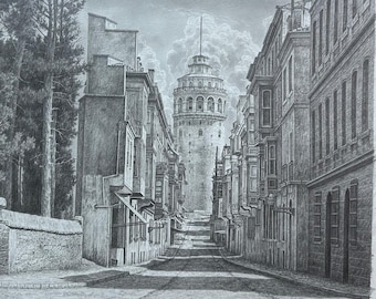 Istanbul Galata Tower Pencil Drawing, Historic Turkey Landmark Artwork, Charcoal Black and White Cityscape Wall Art Decor for Home Office