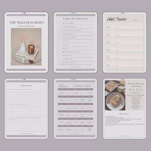 May include: A digital planner with a pink and white color scheme. The planner includes a table of contents, a habit tracker, a reflection page, a 30-day challenge, a wellness reset, and a recipe for baked banana oatmeal.