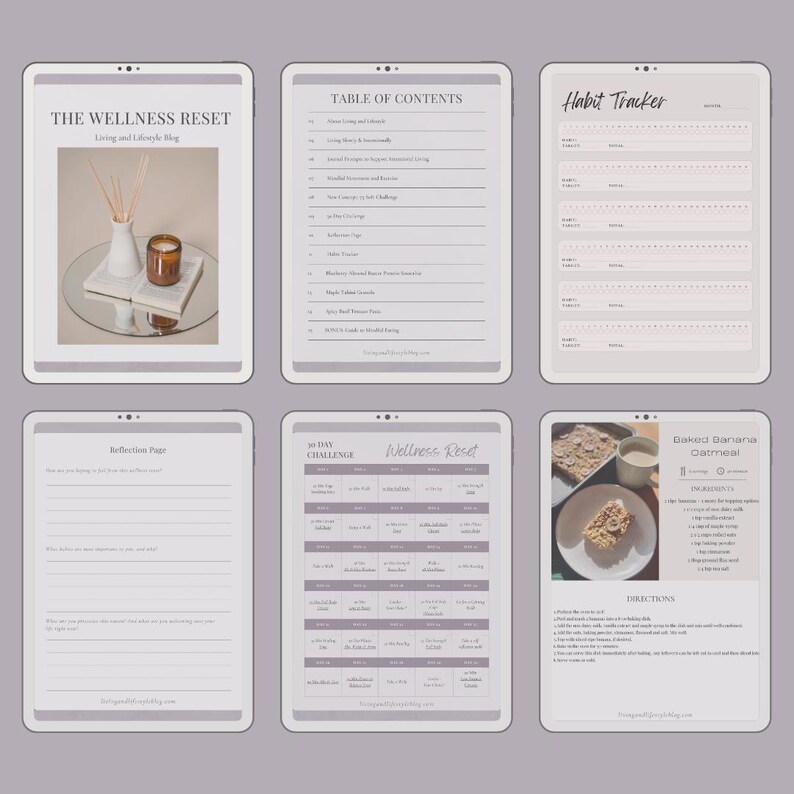 May include: A digital planner with a pink and white color scheme. The planner includes a table of contents, a habit tracker, a reflection page, a 30-day challenge, a wellness reset, and a recipe for baked banana oatmeal.