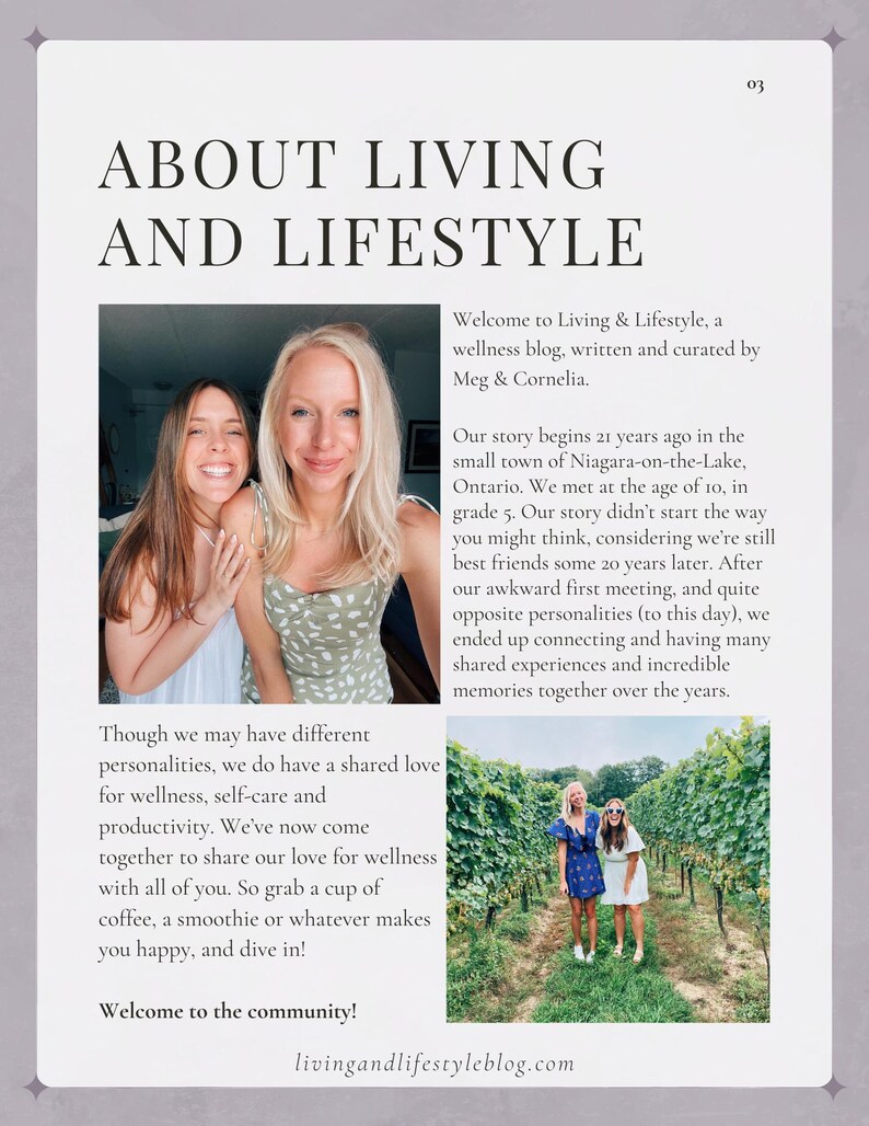 May include: Two women smiling and standing together in front of a green leafy background. The text "About Living and Lifestyle" is at the top of the image. The text "Welcome to the community!" is at the bottom of the image. The text "livingandlifestyleblog.com" is at the bottom of the image.