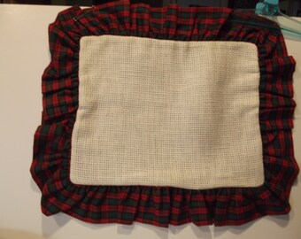 Vtg. Pillow Cover 100% Red/Green Plaid Cotton Back and Ruffle with 12" Square White Work Area in Completed Pillow Cover w/zipper