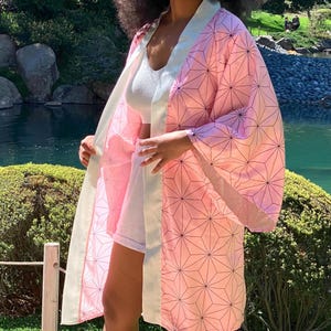 Nezuko Pink Long Sleeve Kimono, Demon Slayer Anime Inspired Kamado Japan Traditional Robe, Manga Cosplay Style Summer Birthday Gift for Her