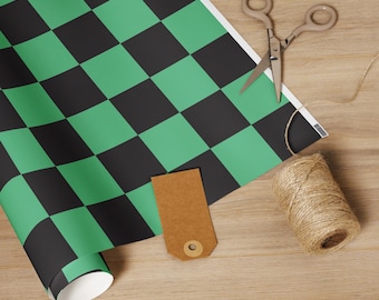 Anime Wrapping Paper Roll Green Black Checkered Christmas Demon Slayer Tanjiro Gift Wrap Paper Sheets Pattern Matte Holiday Birthday