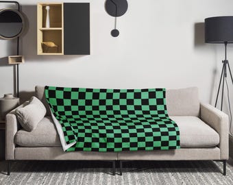 Tanjiro Kamado Throw Blanket | Anime-Inspired Green Black Checkered Haori Design | Cozy Demon Slayer Gift for Him or Her | Fleece Sofa Decor