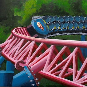 Helix. Prints of acrylic painting depicting a roller coaster at Six Flags New England.