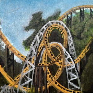 Nessy. Original acrylic painting of a roller coaster on canvas. Original size 8&quot;x8&quot;.