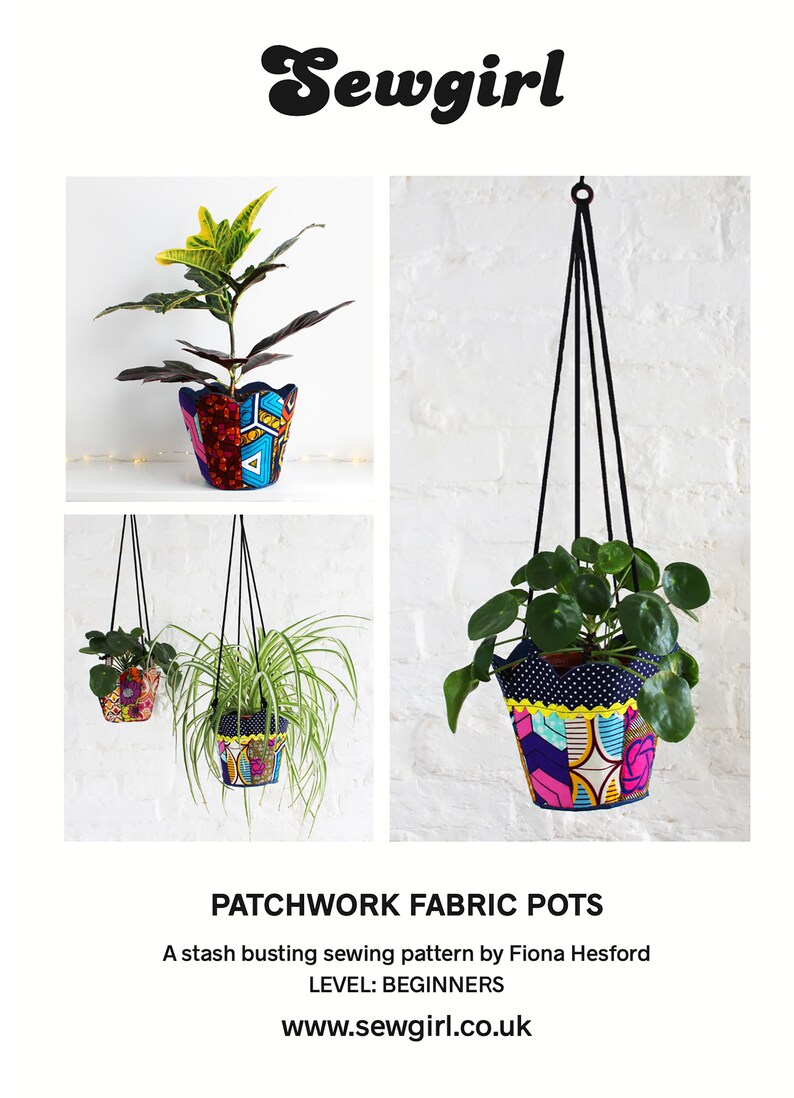 Peut inclure: Un patron de couture pour des pots en tissu patchwork, avec un design color&eacute; aux formes g&eacute;om&eacute;triques. Le patron est destin&eacute; aux d&eacute;butants et comprend des instructions pour la r&eacute;alisation de pots suspendus et sur pied.