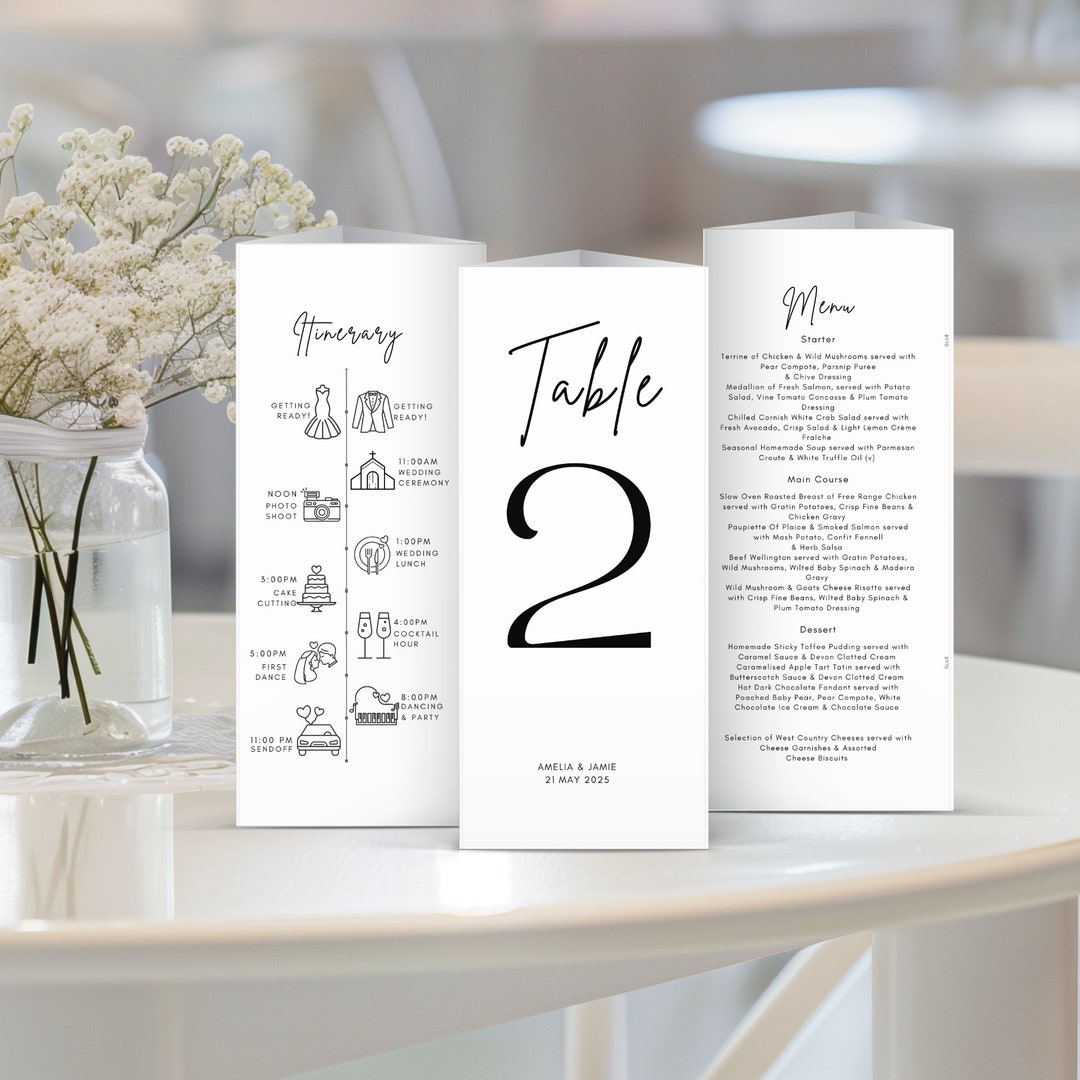 Printable Minimalist Trifold Wedding Table Number Sign Menu Itinerary ...