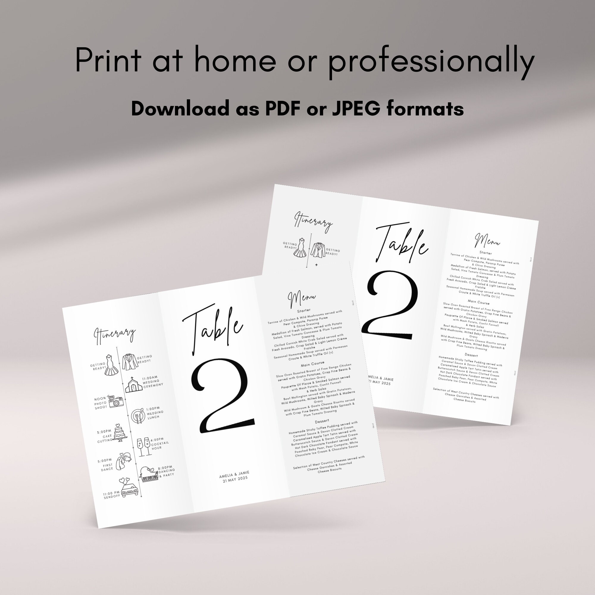 Printable Minimalist Trifold Wedding Table Number Sign Menu Itinerary ...