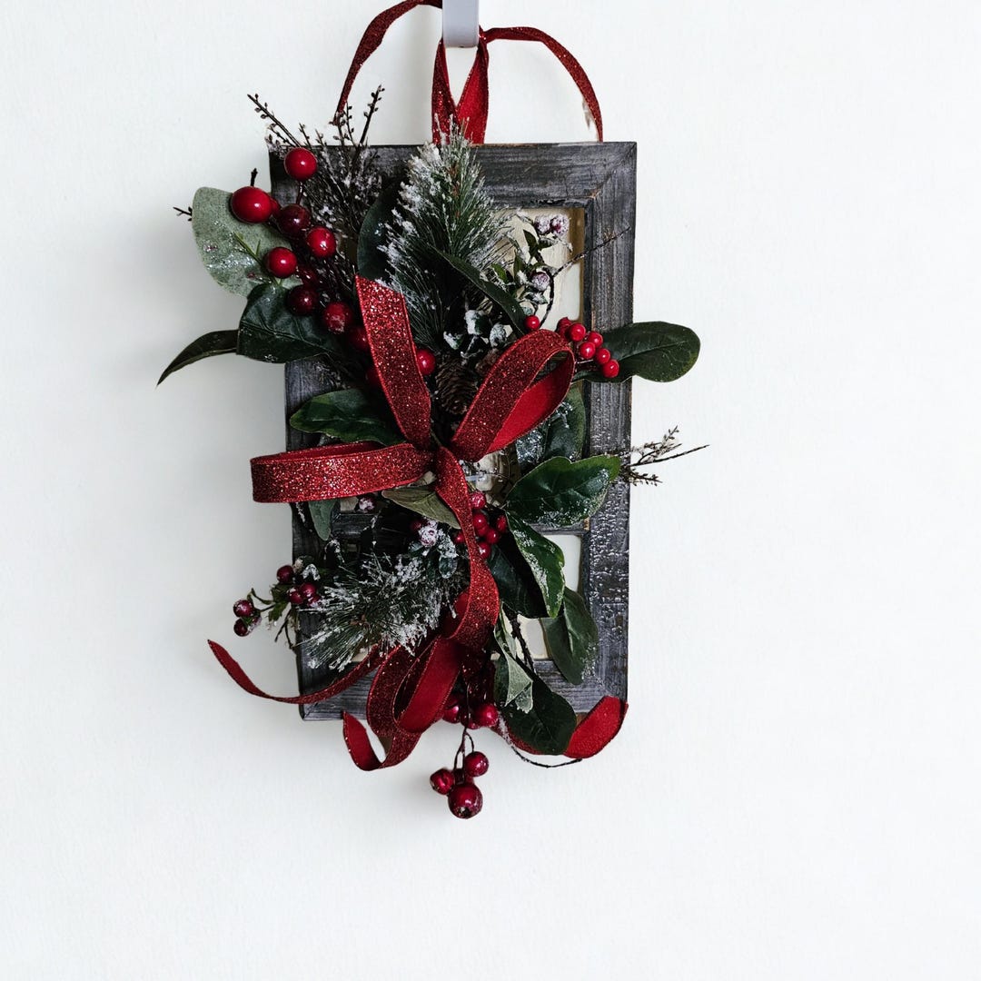 Window Pane Ribbon Christmas Vintage Christmas Window Frame Decor: Rustic Red Ribbon Holiday Hanger ...