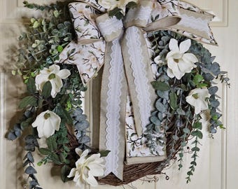 Magnolia Grapevine Wreath: Rustic Floral Lace Bow, Spring Door Decor