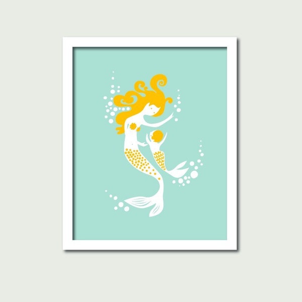 1/2 off SALE: Mermaid Mommy and Baby Giclee Print 8X10 Blue