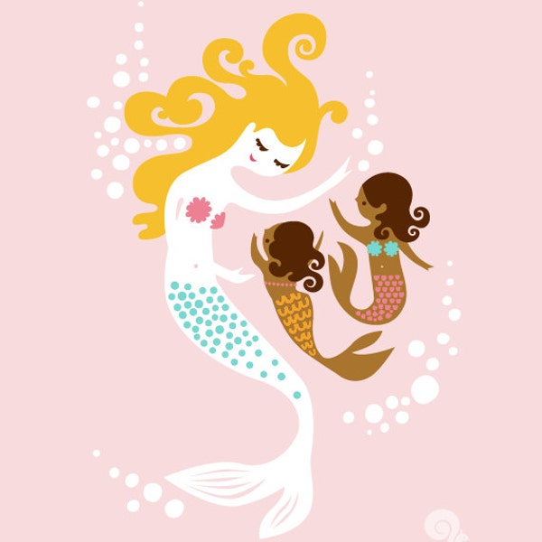 8X10" mermaid mother and daughters giclee print on fine art paper. pink, blonde, mocha, multicultural, adoption.
