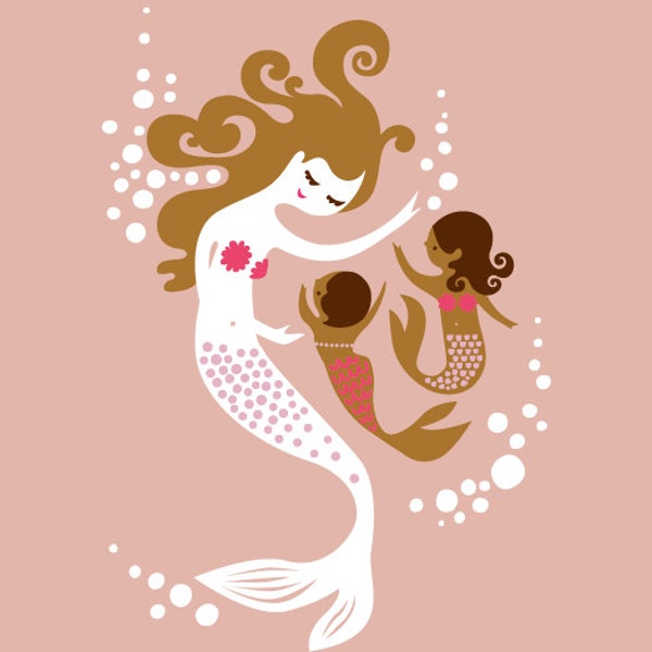 11X14" mermaid mother and daughters giclee print on fine art paper. mauve pink, magenta, brunette, mocha, multicultural, adoption.