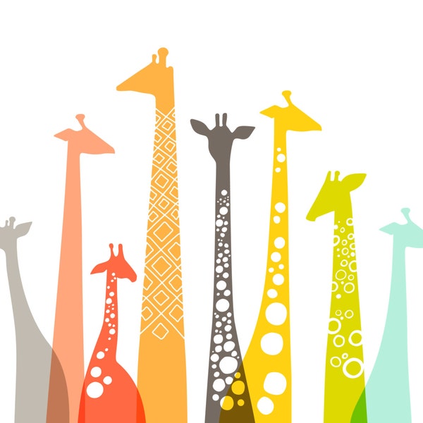 10X8" giraffe silhouettes landscape giclee print on fine art paper. mint, olive, coral, orange, gray, rainbow