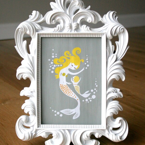 5X7" mermaid mother and baby girl giclee art print on fine art paper. gray and yellow. mothers day gift.