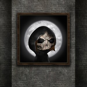 Dark Hooded Skull: Unique Halloween Digital Art – Frightful Skull in the Moon Illustration, 23x23 Inches, 300 dpi