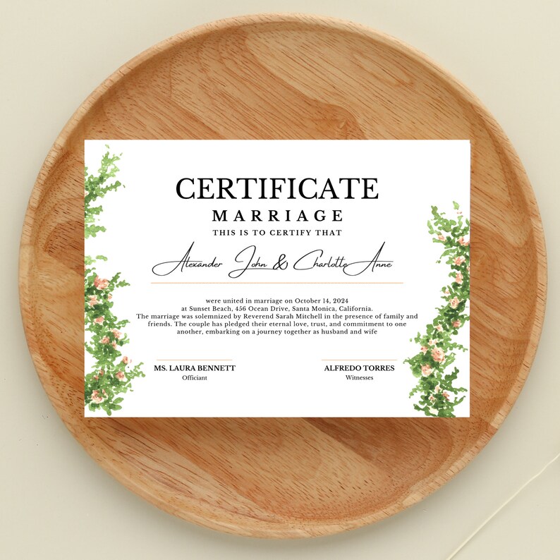 Floral Certificate of Marriage Custom Wedding Certificate Elegant