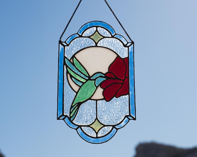 Handmade Hummingbird Stained Glass Suncatcher, Window Garden Decor