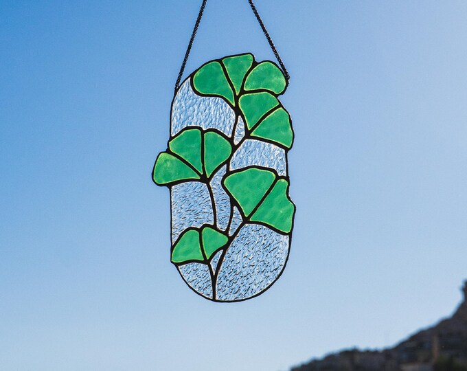 Ginkgo Stained Glass Suncatcher, Botanical Window Hanging