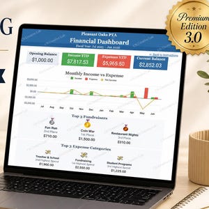May include: A laptop displaying a PTA/PTO bookkeeping spreadsheet with a financial dashboard, including charts for monthly income versus expenses, top three fundraisers, and top three expense categories, alongside a gold Premium Edition 3.0 seal.