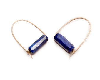Gold Lapis Hoop Earrings, Minimal Silver Stone Hoops, Turquoise Hoop Earrings | Single Stone Loop Hoops